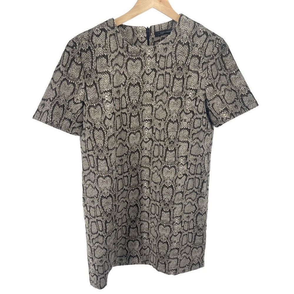 Zara Woman Women's Animal Print Shift Dress Stretch Short Sleeve Tan Gray Medium